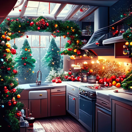 a modern kitchen with christmas tree and decorationsの素材