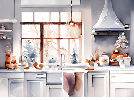 Watercolor Modern kitchen interiorの素材