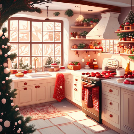 a beautiful kitchen with christmas tree and presentsの素材