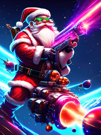 Santa Claus with a gun on a background of the starry skyの素材