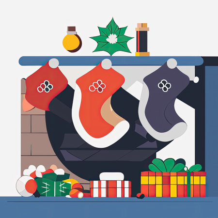 Christmas fireplace with Christmas socks and gifts.の素材