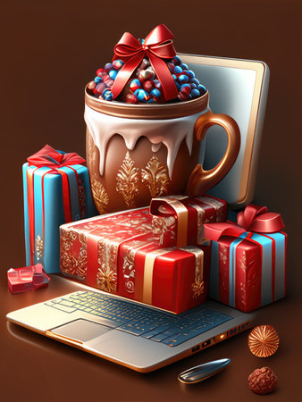 Cup of coffee with christmas gifts and laptop on brown backgroundの素材