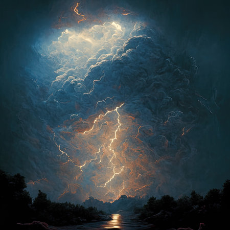 Fiery thunderstorm in the night sky.の素材