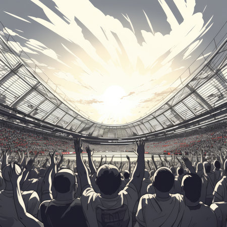 Football fans cheering in the stands of the stadium at sunset.の素材