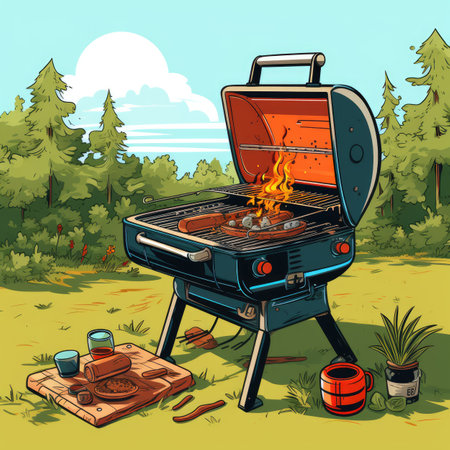 BBQ grill in the forest in cartoon style.の素材