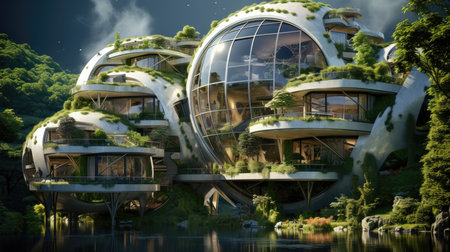 Futuristic city with a pond and green treesの素材