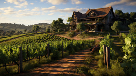 Vineyard at sunset with a wooden house in the background.の素材