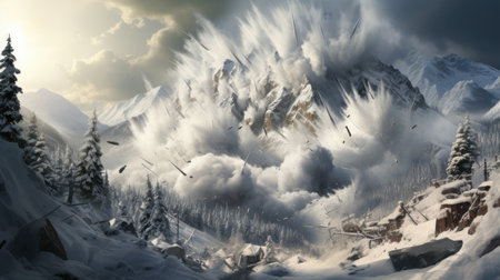 Winter mountain landscape with snow covered trees and high peaks in the cloudsの素材