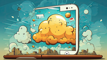 A big smartphone with cloud on screen. Social media concept.の素材