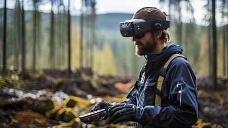 Handsome bearded man wearing virtual reality glasses in the forest.の素材