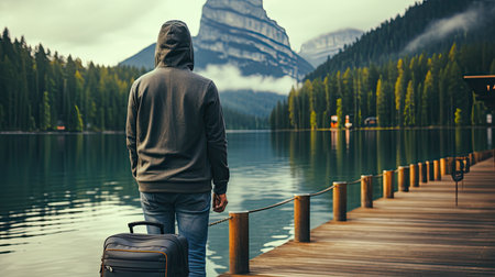 Handsome young man with a suitcase is standing on a pier on a lake in the mountains.の素材