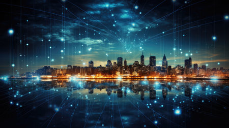 Abstract image of modern city and network connection concept. 3D Renderingの素材