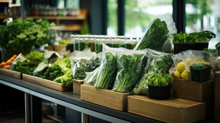 Fruits and vegetables in plastic bags on the shelf in the supermarketの素材