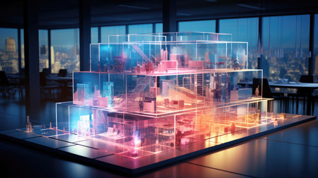 Modern office interior with city view and glowing construction model.の素材