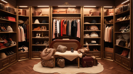 Clothing and accessories in a dressing room at a luxury shopping mallの素材