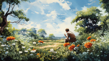 A young man in a field of daisies and daisiesの素材