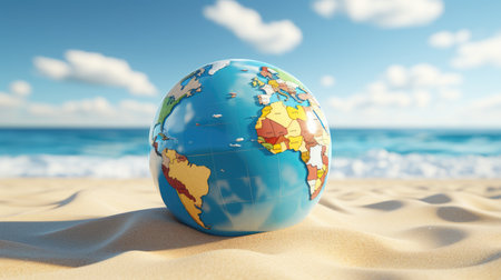 Globe on the sandy beach.の素材