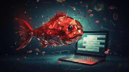 Futuristic laptop with red fish on a dark background.の素材