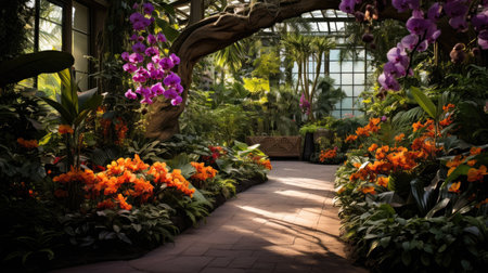 Beautiful tropical garden with orchids in botanical garden.の素材