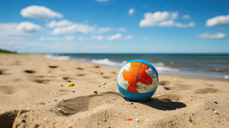 A globe on the sand on the beachの素材