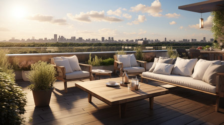 Outdoor terrace with a view of the city.の素材