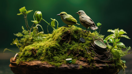 Birds on a mossy wooden table with a green background.の素材