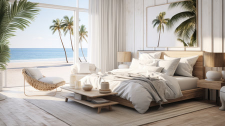 Luxury bedroom interior with tropical beach view.の素材