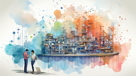 Double exposure of businessman and businesswoman looking at modern cityscape on watercolor backgroundの素材