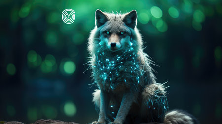 Fantasy portrait of a wolf in the forest with blue lights.の素材