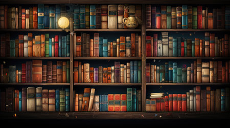 Bookshelf with books in the dark.の素材