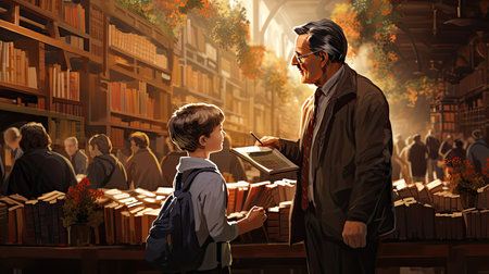 Image of teacher and schoolboy looking at bookshelf in libraryの素材
