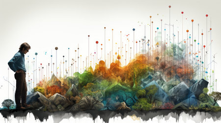 Conceptual image of young businessman looking at abstract colorful landscape.の素材