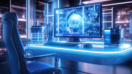 A modern office desk with a computer on itの素材