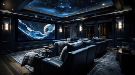 A luxury living room with a view of the moonの素材