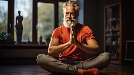 Senior man meditating in lotus position on yoga mat at homeの素材