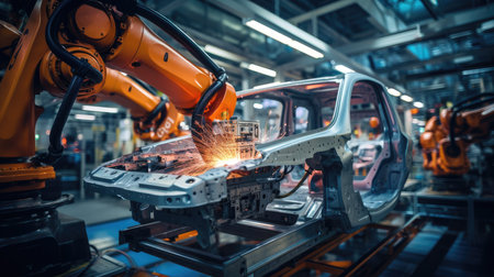 The robot arm is welding in the factory. Automotive industry.の素材