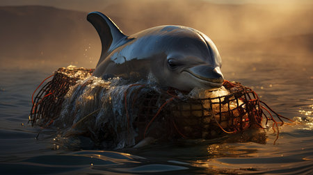 Dolphin caught in a fishing net.の素材