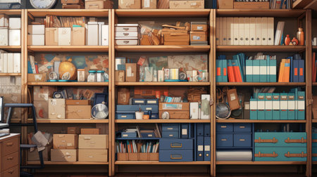 Bookshelf with books, folders and other items.の素材