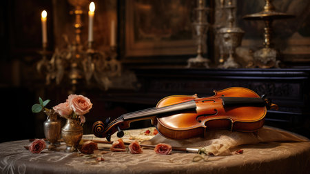 Violin and roses on a table in the interior of the roomの素材