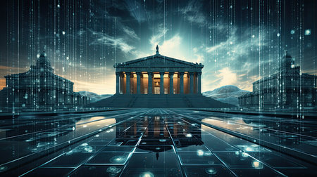 Conceptual image with Parthenon temple and digital binary codeの素材