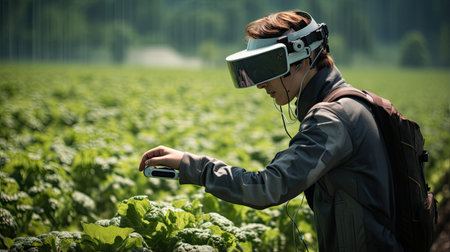 Young man wearing virtual reality glasses in a field of green vegetables.の素材