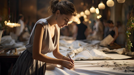 beautiful young woman drawing a picture in a restaurant.の素材