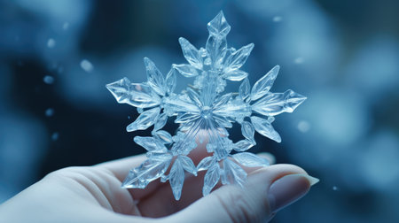 Close up of hand holding glass snowflake against blue backgroundの素材
