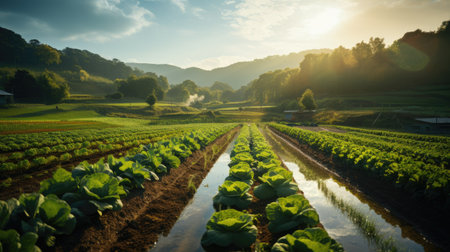 Lettuce field in the morning. Beautiful landscape of lettuce field.の素材