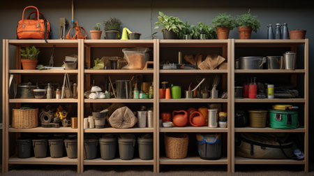 Gardening tools and equipment in a wooden shelf in a gardenの素材