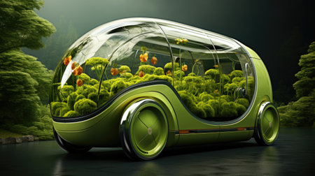 Green eco car in the middle of a green forest.の素材