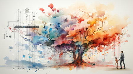 Man and woman on abstract tree background with colorful watercolor splashesの素材