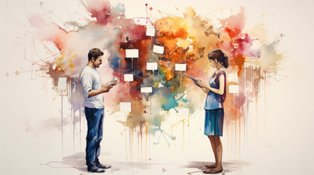Two businesspeople working on project against colorful watercolor backgroundの素材