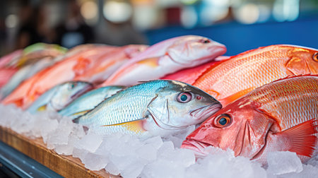 Fresh fish on ice at the supermarket. Shallow depth of fieldの素材