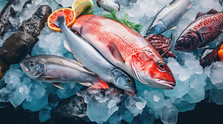 Fresh fish on ice. Top view with copy space. Food backgroundの素材